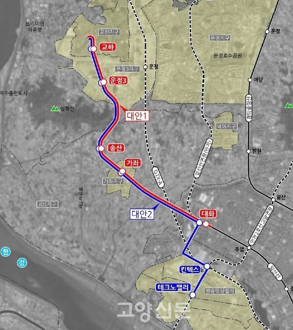 ▲파란색 노선이 7개 역을 정차하는 트램노선. 국토부 용역에 따르면 해당노선의 BC값은 0.92로 확인된다.