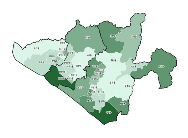 ▲ 고양시 39개 행정동. 고양시는 덕양구 19개, 일산동구 11개, 일산서구 9개의 행정동을 가지고 있다.