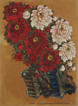 1980년대 작품 '홍백 모란 분재'. 크라프트지에 채색, 먹. 