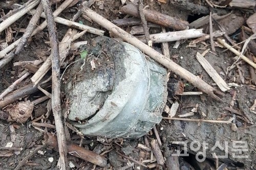 대덕생태공원 갈대숲 부유쓰레기 더미에서 발견된 M14 대인지뢰. 작은 참치캔 크기로, 물에 뜨는 플라스틱 재질로 만들어져 홍수시 유실 위험이 큰 지뢰다. 