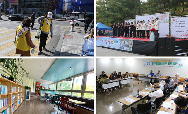 주엽1동 주민자치위원회와 직능단체들은 마을을 위한 일에는 솔선수범하고 나선다.  지난 3월 11일 마을버스 정류장과 주엽역, 상권 등에 방역활동을 펼치며 꾸준한 예방활동도 가졌다. 오른쪽 두번째 사진은  주엽어울림한마당(2018년 10월 13일), 그 아래는 주민참여예산 지역총회(2019년 6월 27일), 왼쪽 아래는 주민을 위한 북카페.