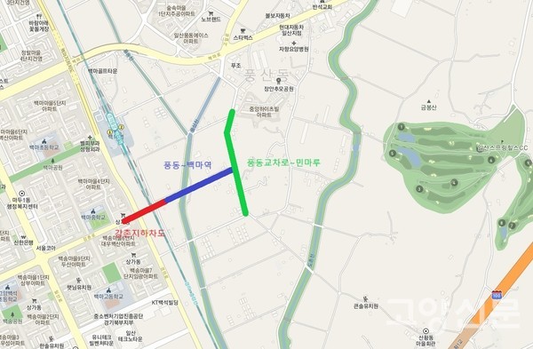 붉은색이 강촌로 지하차도. 파란색과 녹색은 각각 1차, 2차 연결도로 신설구간. 