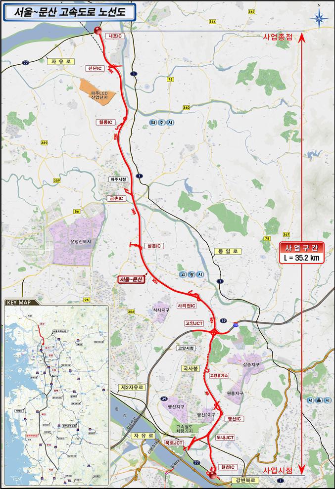 서울~문산 고속도로 노선도. 고속도로의 총연장은 34.7㎞이고 고양시 구간은 21.6㎞이다. 이 도로에는 8개의 나들목(IC)과 3개의 분기점(JCT), 2개의 영업소(TG), 1개의 휴게소가 설치됐다.
