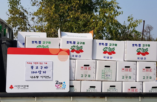주민 이지연씨가 전달한 고구마 100상자와 고마마순