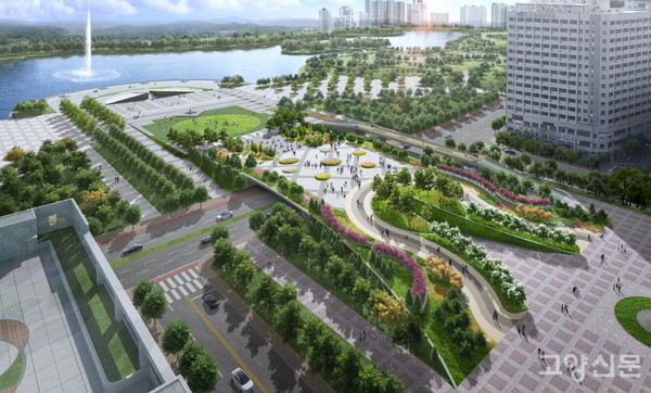 호수공원과 일산문화공원을 연결하는 폭 60m의 초대형 육교 조감도. 내년 5월 착공, 2022년 2월 완공 예정이다. 공사비 137억원을 포함해 총 143억9000만원 중, 1차적으로 내년에 총 70억원이 투여된다.