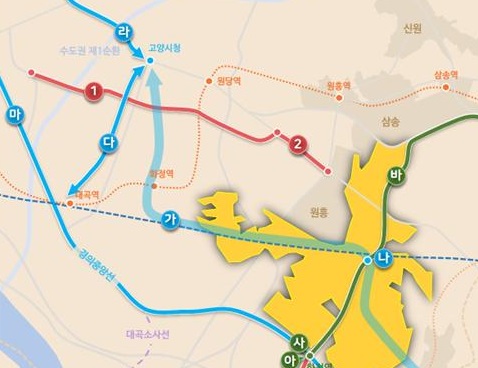 ▲국토부가 29일 발표한 고양선 노선도(굵은 하늘색). 대곡역을 경유하지 않는다.
