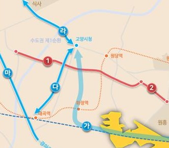 ▲ 29일 국토부가 발표한 노선도. (다),(라) 노선이 트램. 굵은선의 (가) 노선은 고양선이다.