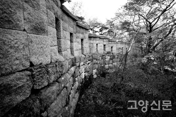 기룡봉 구간의 성벽. 1711년 당시 축성된 하부의 체성과 현대의 장비와 기술로 복원된 상부의 여장(성가퀴)이 확연히 구분되어 이질감이 느껴진다. [사진=이재용]