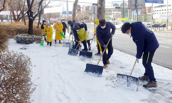 정발산동 주민자치회와 직능단체, 주민, 공무원 등이 참여해 제설작업을 펼치고 있다.
