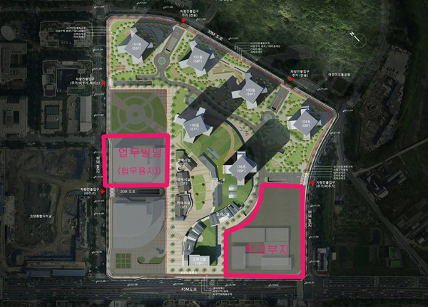 ▲ 요진산업이 고양시에 기부채납을 약속한 학교부지와 업무빌딩 위치. 학교부지는 23일 기부채납이 완료됐으며, 업무빌딩에 대해서는 이달 19일 1심 재판부가 “연면적 약 2만평 규모의 업무빌딩을 지어 고양시에 기부채납해야 한다”고 판결했다.