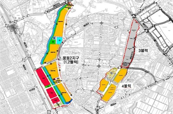 ▲ 미개발 부지인 풍동2지구는 2006년 개발이 완료된 풍동아파트단지를 둘러싸고 있다. 그중 경의선과 인접한 1·2블럭이 올해 민간도시개발로 착공을 앞두고 있다. 풍동 숲속마을과 은행마을 사이인 3·4블럭도 토지주들이 현재 도시개발사업조합 인가를 준비중이다. 