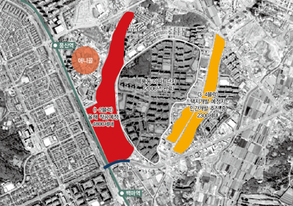 ▲ 미개발 부지인 풍동2지구는 2006년 개발이 완료된 풍동아파트단지를 둘러싸고 있다. 그중 경의선과 인접한 1·2블럭이 올해 민간도시개발로 착공을 앞두고 있다. 풍동 숲속마을과 은행마을 사이인 3·4블럭도 토지주들이 현재 도시개발사업조합 인가를 준비하고 있다.