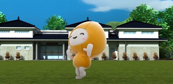 홍보용으로 제작된 3D애니메이션에서 볍씨 모양의 귀여운 캐릭터가 고양가와지볍씨 박물관 앞에서 동요에 따라 율동하고 있는 모습.