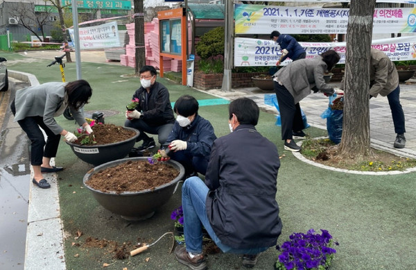 꽃길을 조성하고 있는 대화동 통장협의회와 관계자들