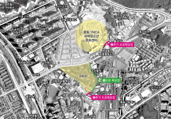 ▲ YMCA 시설이 준공허가를 받지 못한 이유는 A부지 소유자가 약속했던 개발이 미뤄졌기 때문이다. YMCA는 A부지 소유자가 시행해야 할 도로확포장 등의 공공기반시설 조성을 대신 해주기로 약속하고 작년 12월 고양시로부터 사용승인을 받았다.