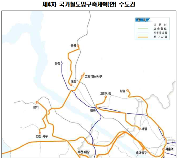 22일 발표된 제4차 국가철도망 초안에 포함된 수도권 노선.