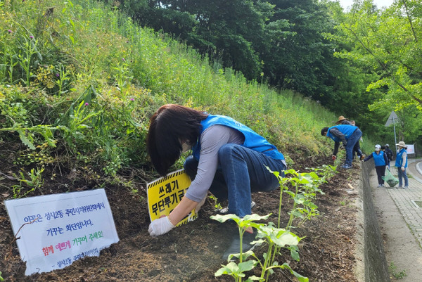 화단을 정리하는 성사2동 주민자치위원회.