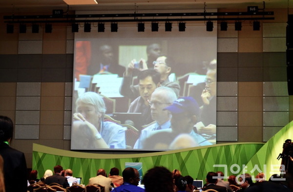 2008년 제10차 람사르총회에서 세계NGO대회 논의결과를 대표로 발언하는 필자 [사진제공=한동욱]