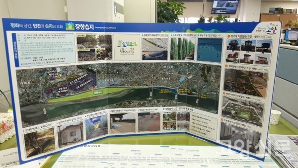 장항습지의 현황과 람사르습지 등록을 향한 계획들을 한 장에 담아낸 패널. 
