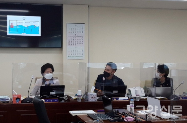 장항습지 지뢰사고와 관련해 정연우 고양시의원(사진 가운데)이 고양신문에 게재된 '지뢰출현지도'를 자료로 제시하며 질문을 던지고 있다. 