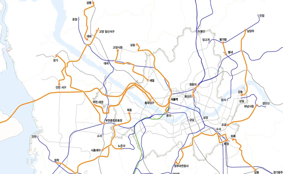 주황색이 4차국가철도망 구축계획에 최종 반영된 철도노선.