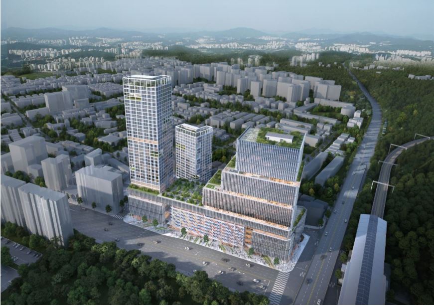 고양 성사 혁신지구 조감도. 성사 혁신지구는 1만2355㎡(3737평)의 부지 위에 25층의 건물과 18층의 건물이 연결된 1개동과 20층의 건물 1개동으로 세워진다. 연면적은 9만9836㎡(3만200평)에 이른다.