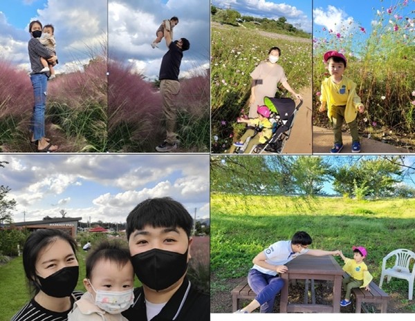 추석 연휴 마지막 날, 아이들이 보내준 사진이다. 아들네는 천안 토아빈으로, 딸네는 고양 창릉천으로 나들이를 갔다. 가을빛 짙어가는 핑크뮬리(Pink muhly)와 살살이꽃! 해맑게 웃는 우리 아이들 위로 명징한 하늘이 짙푸르다.  [사진제공=박춘근]