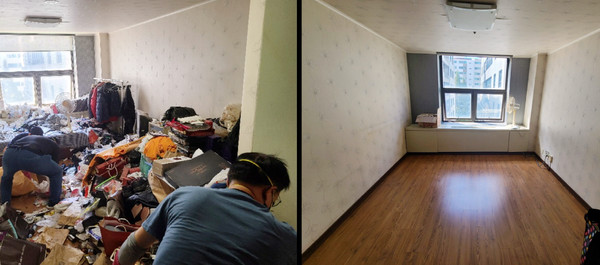 주엽2동이 환경개선 사업으로 지역내 취약계층의 집을 치워주고 있다.(왼쪽은 개선 전 오른쪽은 개선 후)