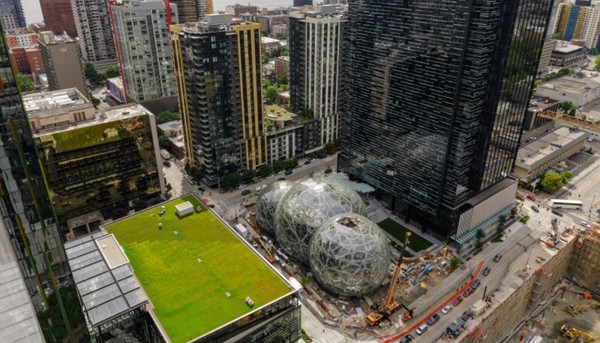 미국 시애틀에 있는 아마존의 신사옥. 세 개의 투명한 원형에 4층 높이로 지어진 건축물. 이 건물의 내부는 전 세계에서 수집한 400여 종, 4만 개의 식물을 채워졌다.  사진 = 아마존 스피어스 공식블로그 캡처 