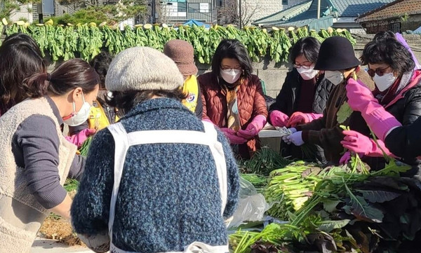 하나 하나 정성을 다해 김장재료를 준비하는 삼송동 직능단체.