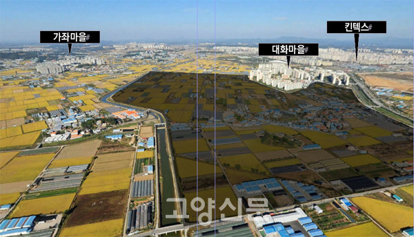 ▲ 일산서구 대화·송포동을 자유로 상공에서 바라본 항공사진. 어두운 부분은 민간개발이 추진되고 있는 법곳동 일대. 조만간 발표될 '고양시-경기도 공영개발'은 법곳민간개발 부지를 포함해 대규모로 진행될 가능성이 높다. [법곳도시개발추진위 제공]