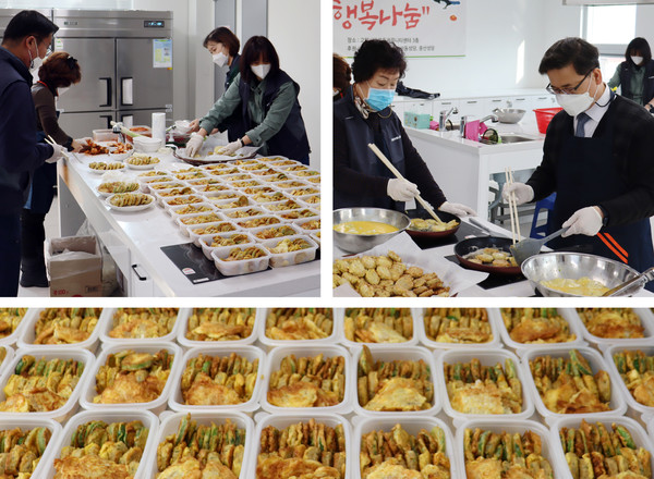 정성스럽게 음식을 만들고 포장하는 지역 주민과 관계자들.
