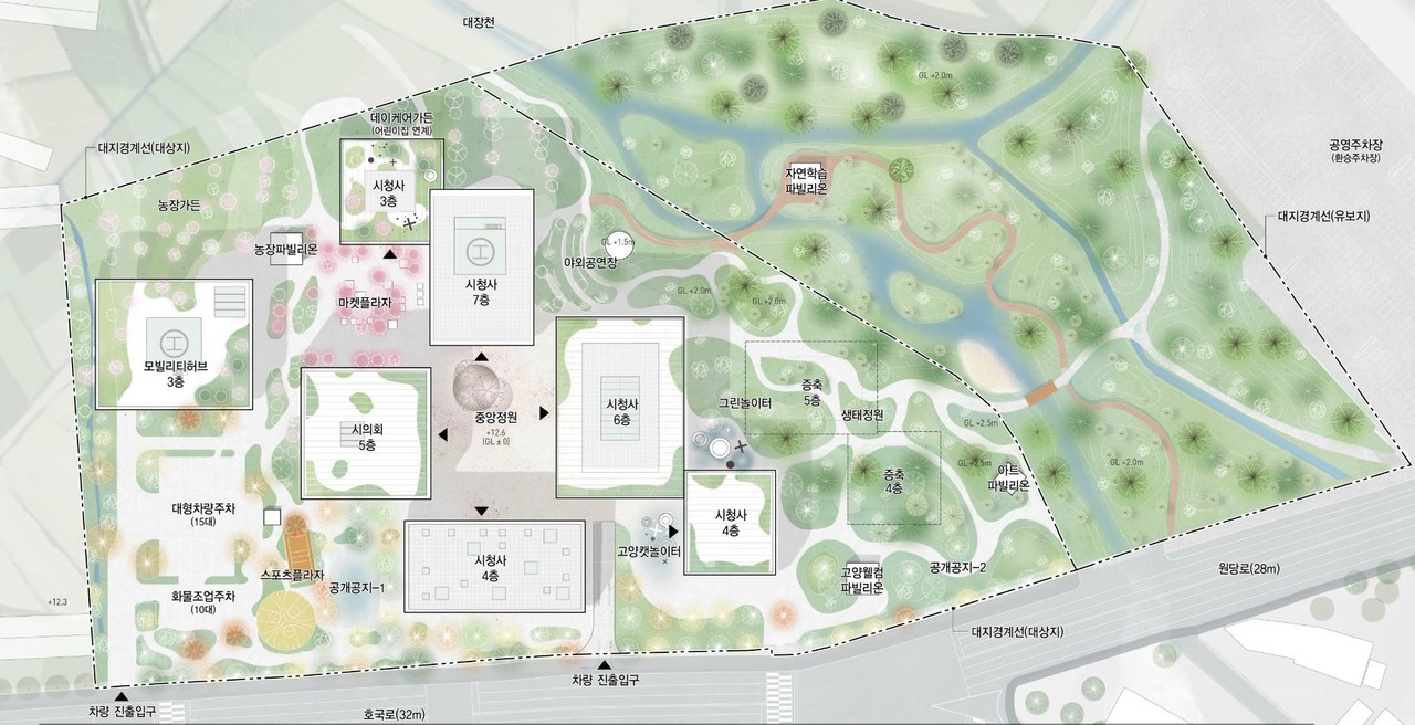 . 배치도에 나타난 설계는 14개월 이상 진행될 기본 및 실시설계로 수정될 수 있다.