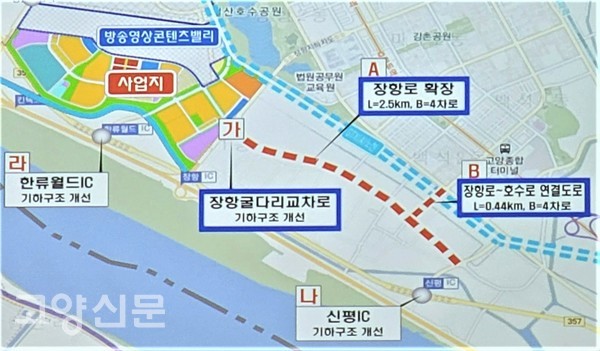 ▲ 지도의 붉은색 점선이 2차로에서 4차로로 확장되는 장항로. 지도 왼편으로는 장항지구(1만2000세대)가 들어선다. 