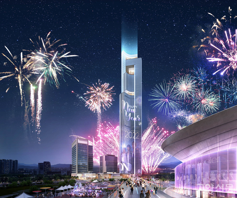 ▲ 88층 CJ라이브시티 ‘랜드마크타워’에 미디어 아트를 적용한 이미지.