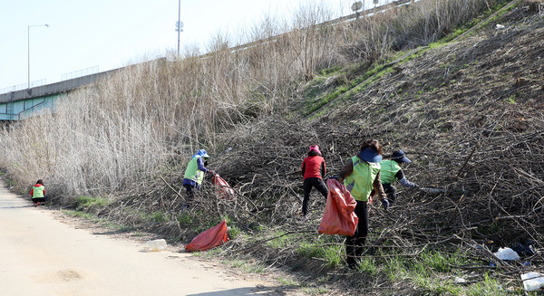 영농폐기물을 줍고 있는 농협 농가주모 · 고향주모 회원들.