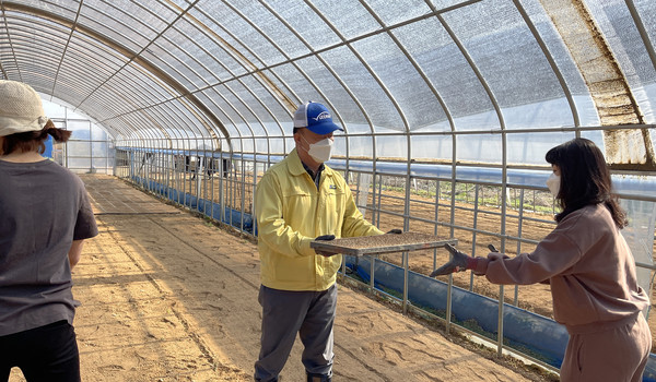 잔순복 조합장(가운데)이 일손돕기에 나서 농민들과 함께 모판을 나르고 있다.