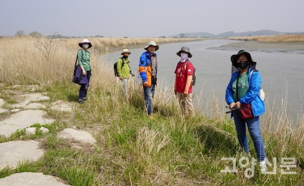 하천 둔치의 상황을 살펴보는 참가자들.