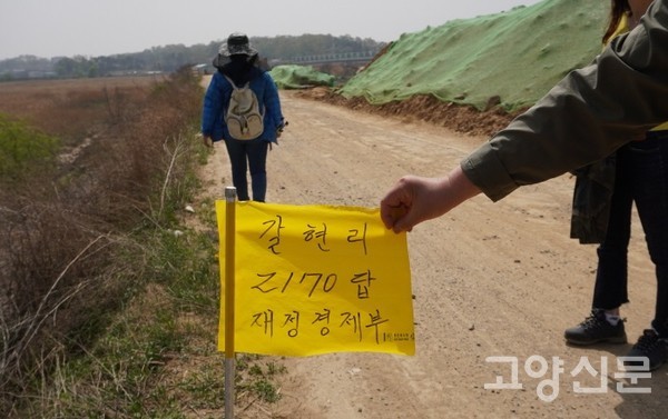 곳곳에 꽂혀 있는 공사 표시 깃발. 