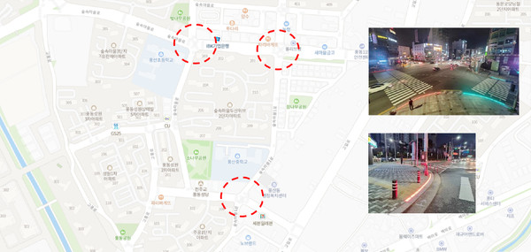 권용재 후보가 제시한 풍동 지구 내 횡단보도 LED 설치가 필요한 위험 사거리(붉은 색 동그라미) [지도 = 감동은·권용재 후보 캠프] 