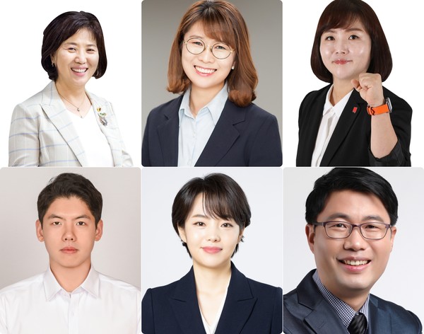 6가지 성평등 정책요구안에 '적극추진' 혹은 '일부추진'으로 답한 시도의원 후보는 총 6명이다. 사진 왼쪽위부터 시계방향으로 왕성옥 도의원 후보, 장상화 시의원 후보, 전민선 시의원 후보, 서진원 시의원 후보, 정민경 시의원 후보, 이홍규 시의원 후보(지역구 순).