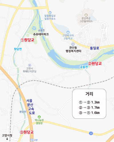 이름이 같은 3개 원당교의 위치와 거리.