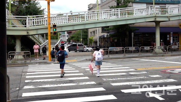 안곡초 하교 시간. 거의 대부분의 아이들이 육교가 아닌 횡단보도를 이용한다.  