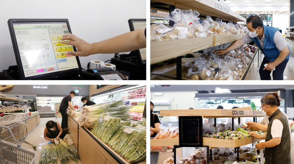 생산자를 위한 출하 전 시스템과 직매장에 농산물을 진열하는 생산자들.