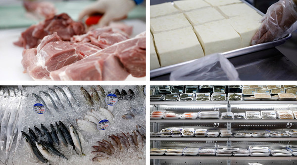 육류와 수산물, 즉석두부 코너. 가족의 식단에 필요한 우리 농수산물을 원스톱으록 구매할수 있다.