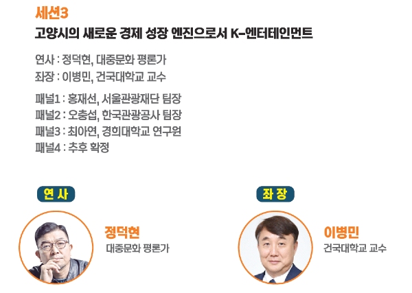 정덕현 평론가가 발제하는 고양데스티네이션 위크 국제 데스티네이션 경쟁력 포럼 세션 3에는 이병민 건국대 교수가 좌장으로, 홍재선 서울관광재단 팀장, 오충섭 한국관광공사 팀장, 최아연 경희대 연구원 등이 패널로 참여할 예정이다.