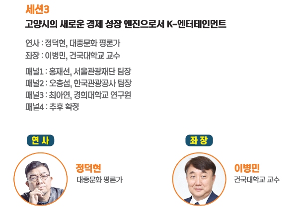 정덕현 평론가가 발제하는 고양데스티네이션 위크 국제 데스티네이션 경쟁력 포럼 세션 3에는 이병민 건국대 교수가 좌장으로, 홍재선 서울관광재단 팀장, 오충섭 한국관광공사 팀장, 최아연 경희대 연구원 등이 패널로 참여할 예정이다. 