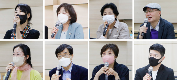 왼쪽부터 시계 방향으로> 임미경 고양국제무용제 회장, 신인선 고양시의원, 고부미 고양시의회 문화복지위원장, 장승헌 공연기획자,정석순 프로젝트S 대표, 김유미 U:ME 대표, 이종호 국제무용협회 한국본부회장, 최지연 창무국제무용제 감독.