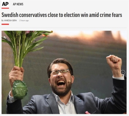 스웨덴 극우정당 ‘스웨덴 민주당’의 총선 돌풍을 보도한 AP통신 화면.