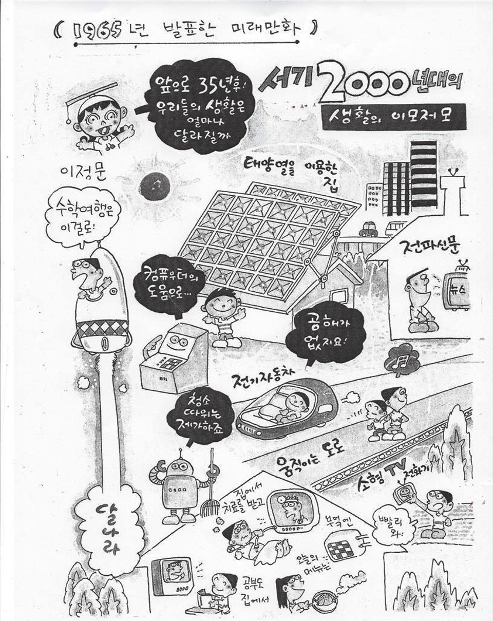 홍남기 교수는 특강 말미에 “우리의 상상은 과학기술 덕분에 차곡차곡 실현될 것”이라며 이정문 화백의 그림을 소개했다. 이 화백은 1965년 '앞으로 35년 후 우리들의 생활은 얼마나 달라질까' 상상하며 그림을 그렸다. 태양열 발전 주택, 전기자동차, ​​​​​​​소형 TV가 달린 전화기, 움직이는 도로, 로봇청소기, 원격학습, 원격진료, 스마트부엌 등 현재 우리 삶의 모습이 그대로 담겨있다. 이 그림은 2015년에 한국공학한림원이 설립 20주년을 맞아 제작한 행사 초대장의 표지로 쓰이며 큰 화제가 되기도 했다. [그림 = 과학기술정보통신부, 한국공학한림원]